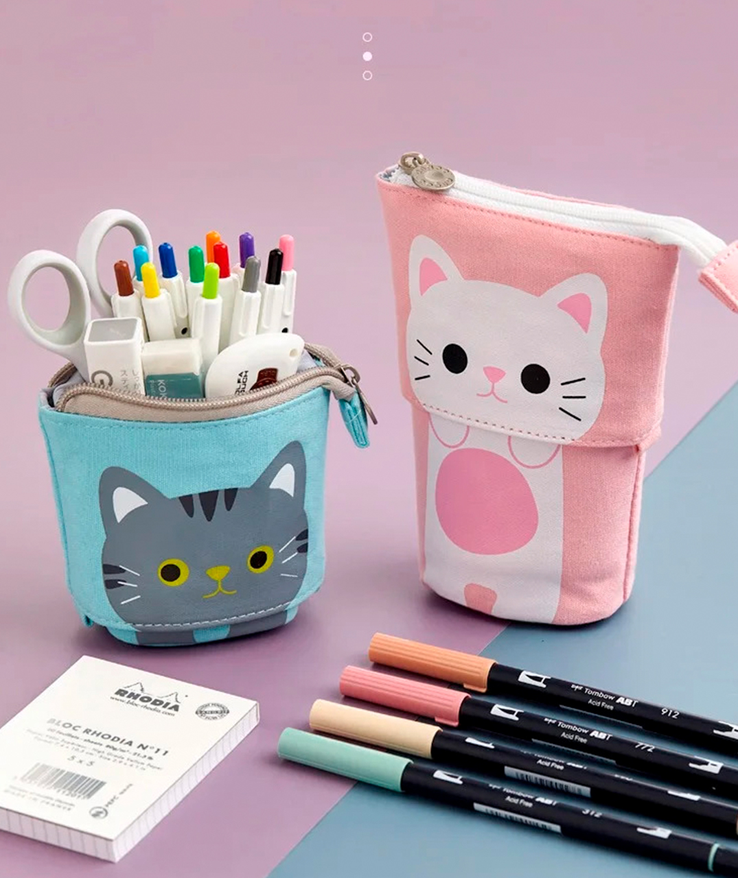 Estuche pequeño gato tierno expandible para lápices con marcadores